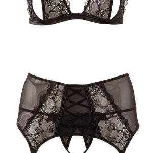 3-teiliges Strapsset, ouvert, aus Blütenspitze mit Zierschnürung